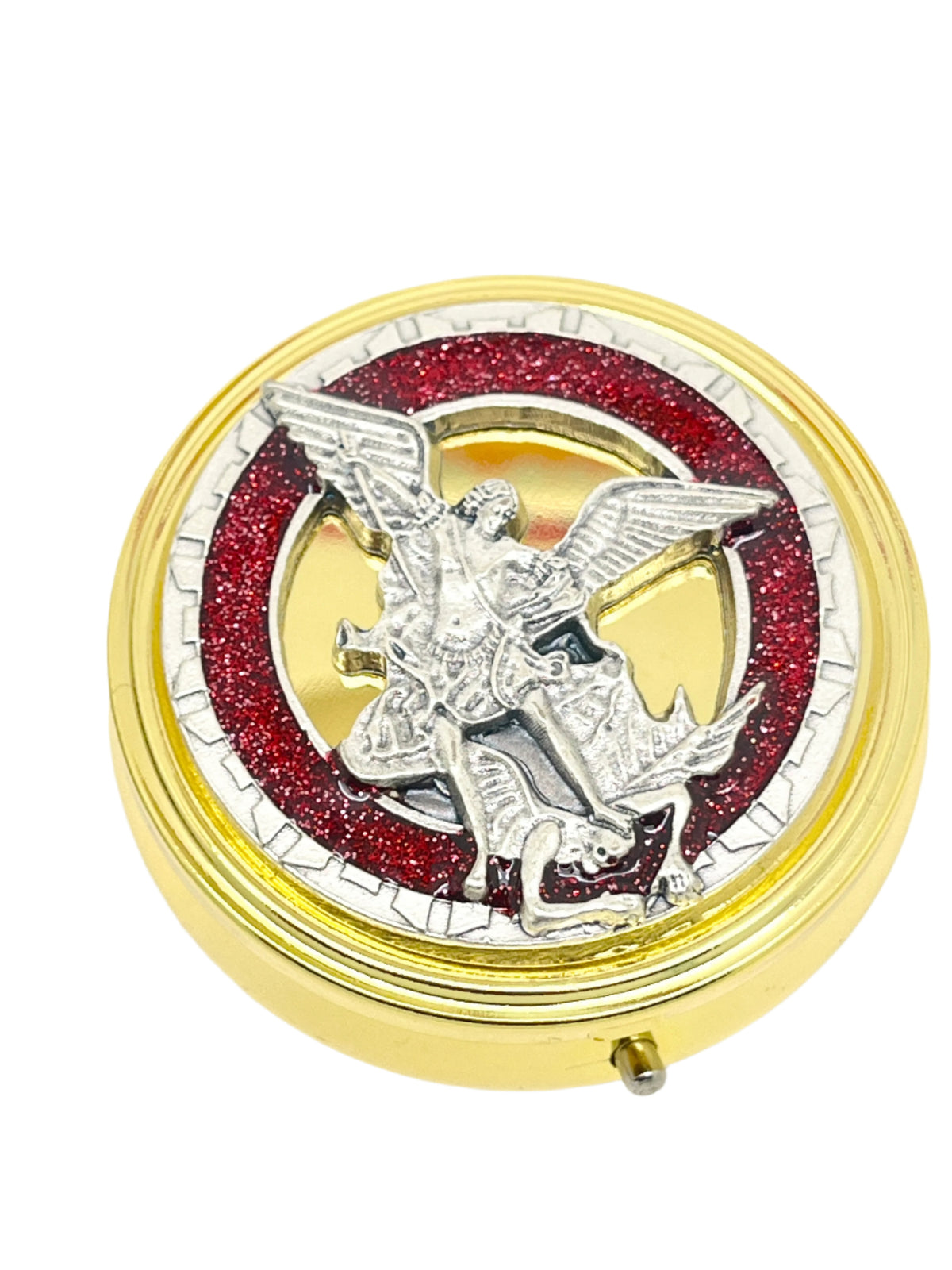 2 1/8" gold and pewter St. Michael pyx with red enamel circle and detailed archangel design on lid