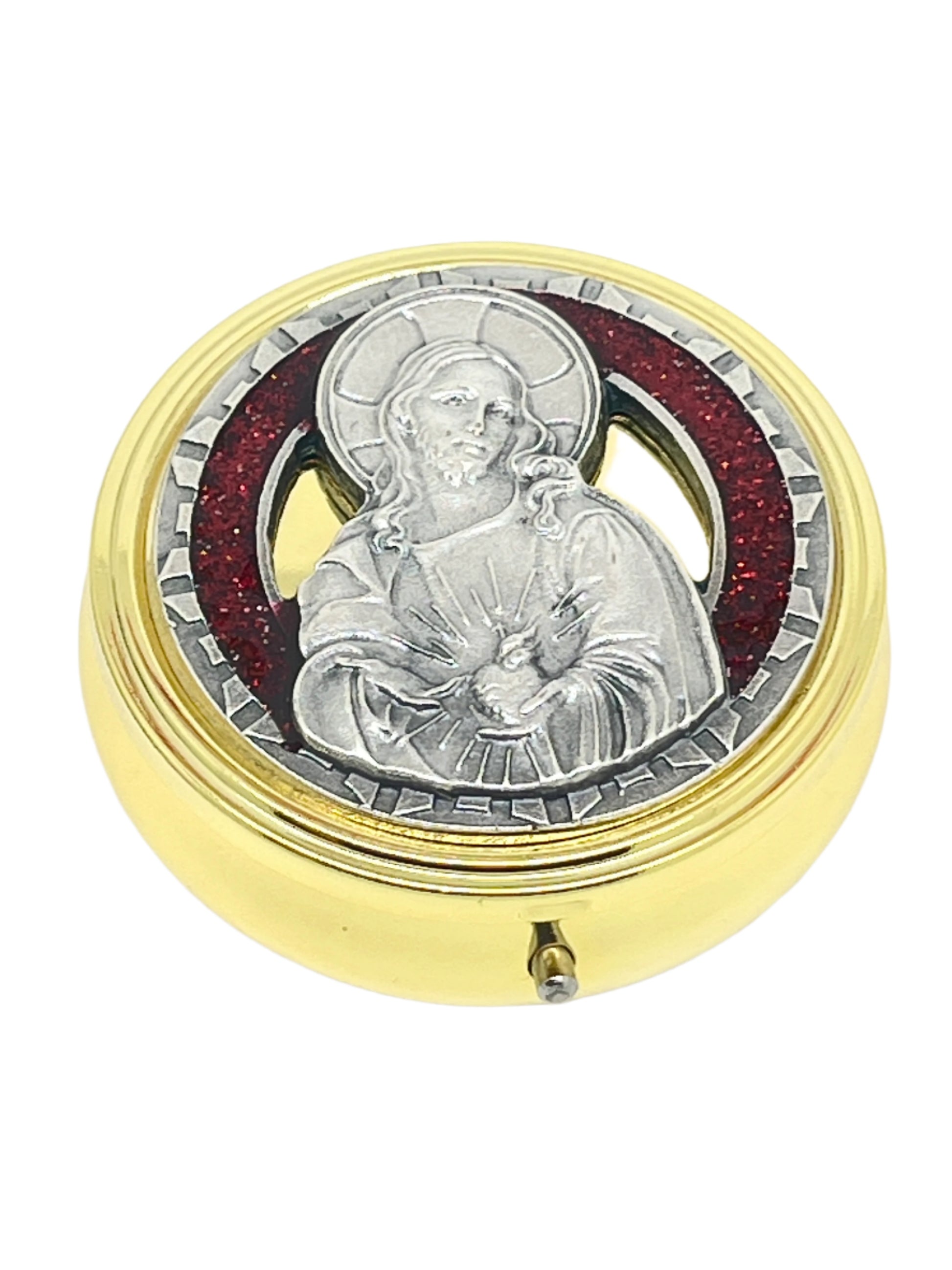 2 1/8" gold and pewter Sacred Heart pyx with red enamel accents and detailed religious figure on lid