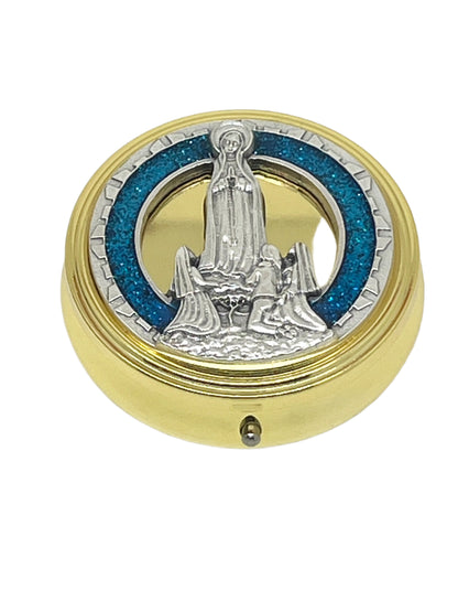 2 1/8" Gold pewter Our Lady of Fatima pyx with detailed silver figure and blue enamel accents on circular base