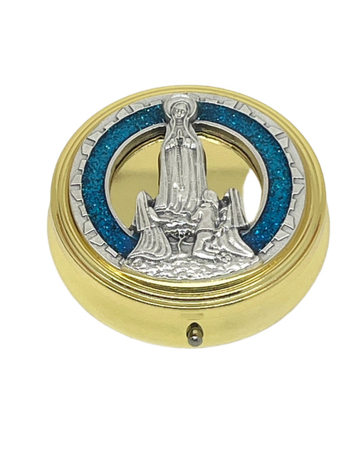 2 1/8" Gold pewter Our Lady of Fatima pyx with detailed silver figure and blue enamel accents on circular base
