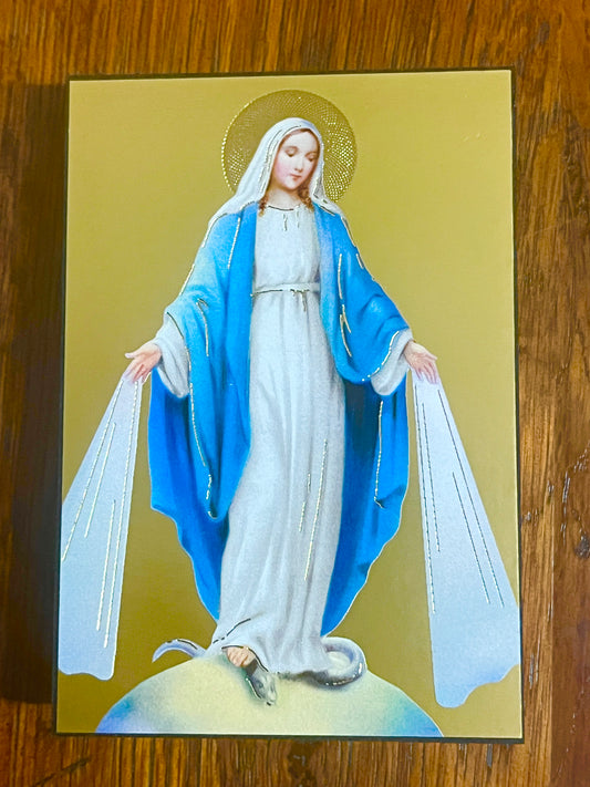 3 3/4" Our Lady of Grace standing plaque with blue mantle, white gown, golden halo, and serpent at her feet