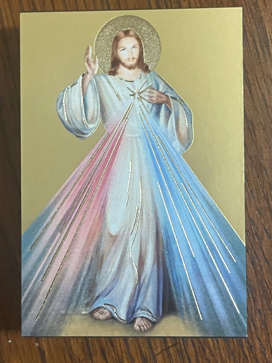 3 3/4" Gold Divine Mercy standing plaque with hand-painted rays, halo, and detailed robe on gold background