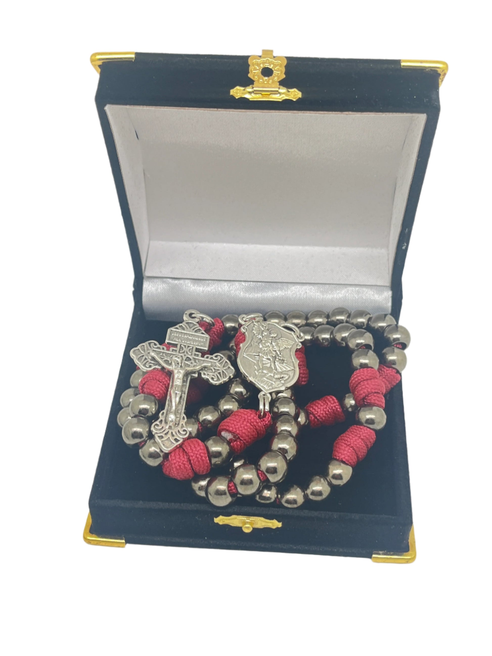 St. Michael paracord rosary with silver-tone beads, detailed crucifix and St. Michael centerpiece in black velvet box