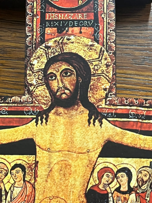 Greek San Damiano Wall Cross 9 1/2" with detailed icon of Christ and surrounding biblical figures in vibrant colors