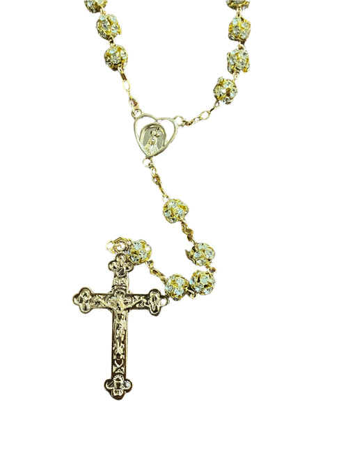8mm gold wrapped rosary from Portugal with sparkling crystal beads and detailed ornate gold crucifix pendant.
