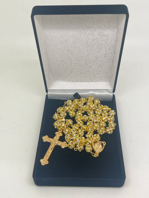 8mm gold and crystal rosary from Portugal with ornate crucifix and centerpiece displayed in black velvet box