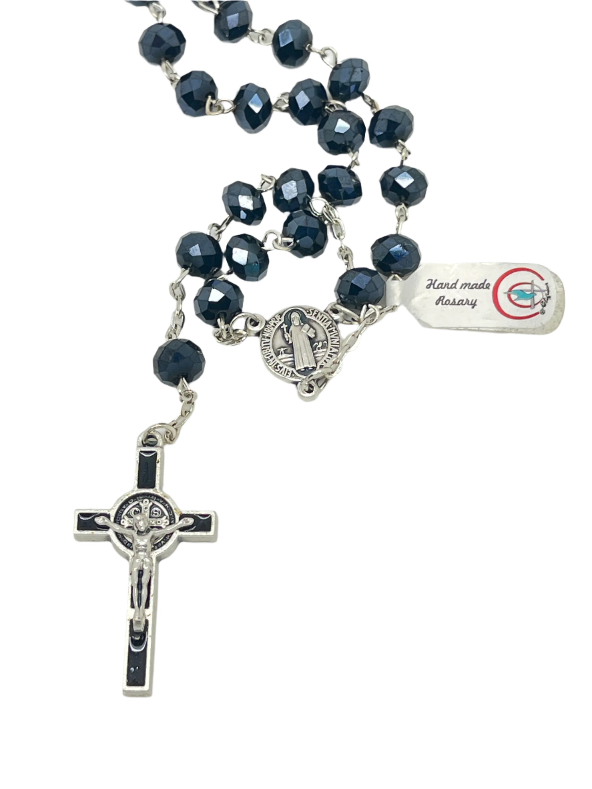 Handmade 8mm black bead rosary with detailed silver crucifix and round St. Benedict medal on metal chain