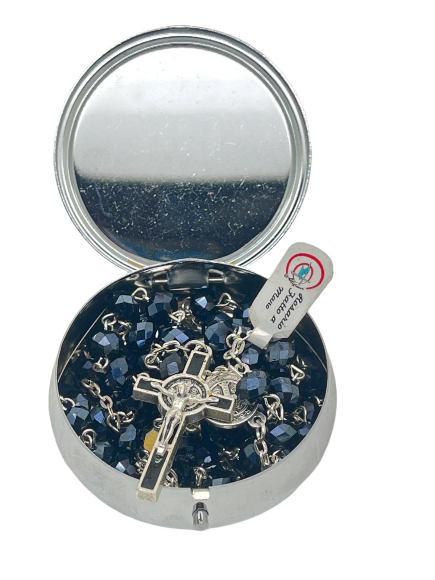 Italian Round St. Benedict metal box open showing 8mm dark blue rosary beads with crucifix and detailed medallion inside