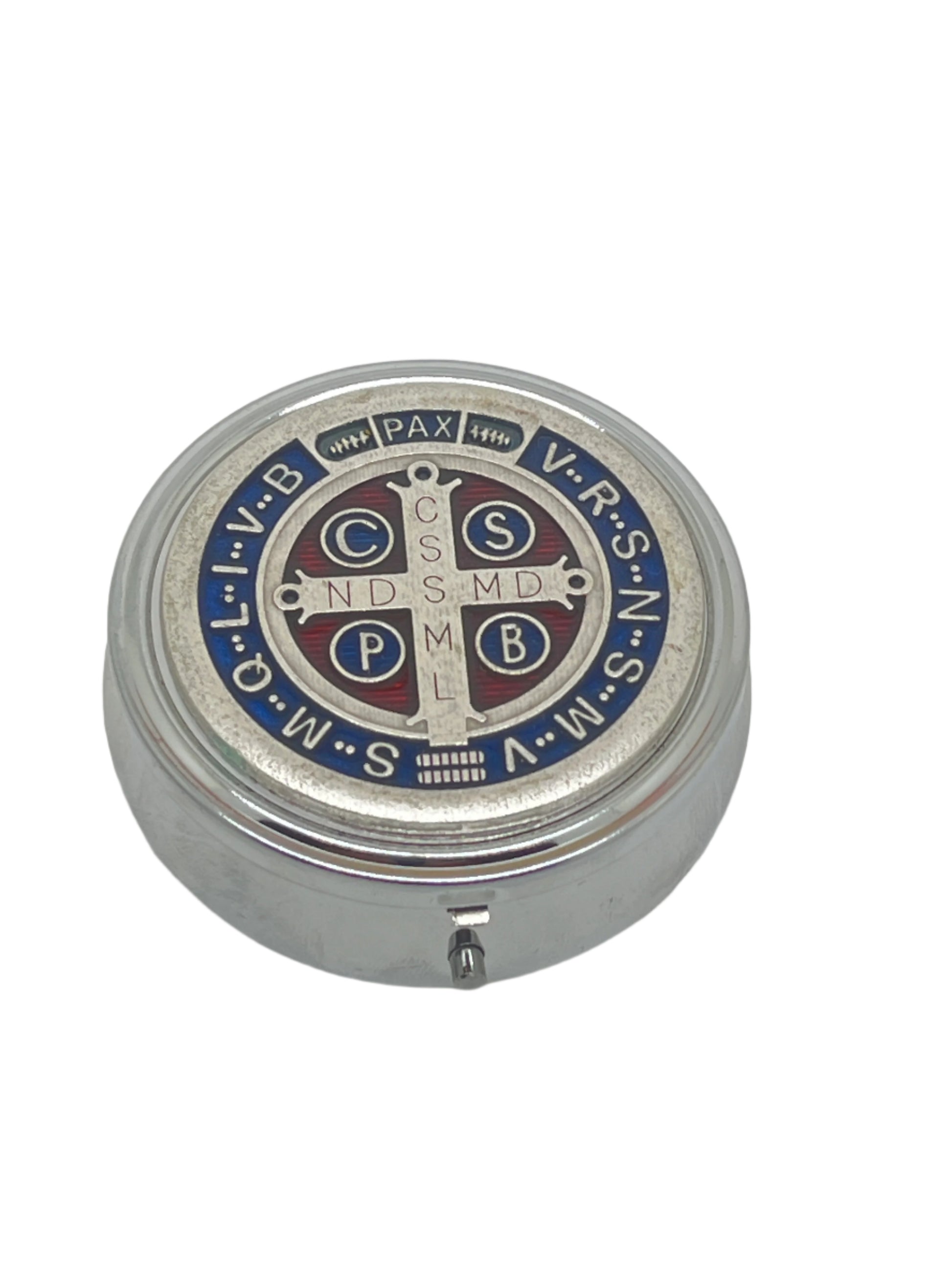 Italian round St. Benedict metal box with detailed enamel cross design in blue and red tones, sturdy clasp closure