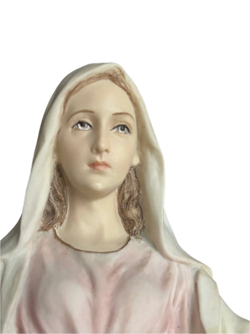 10 3/4" Graceful Mary statue with soft pastel robes, delicate facial features, and white veil over brown hair