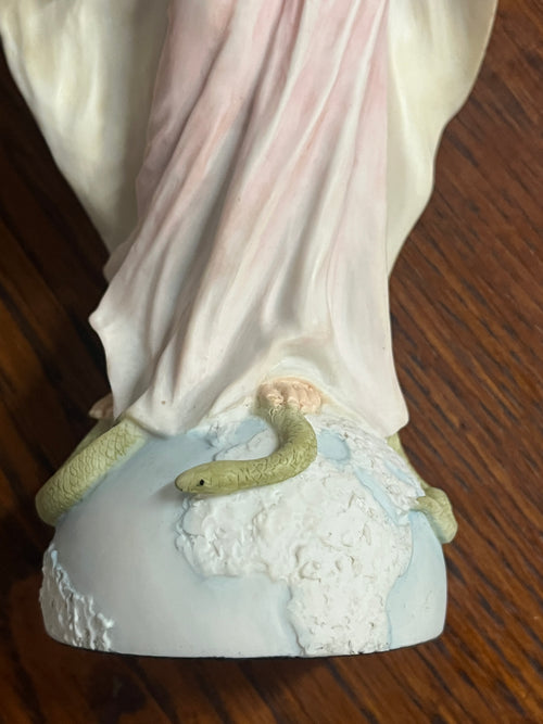 10 3/4" Graceful Mary statue showing detailed base with serpent under flowing robes in soft pastel colors