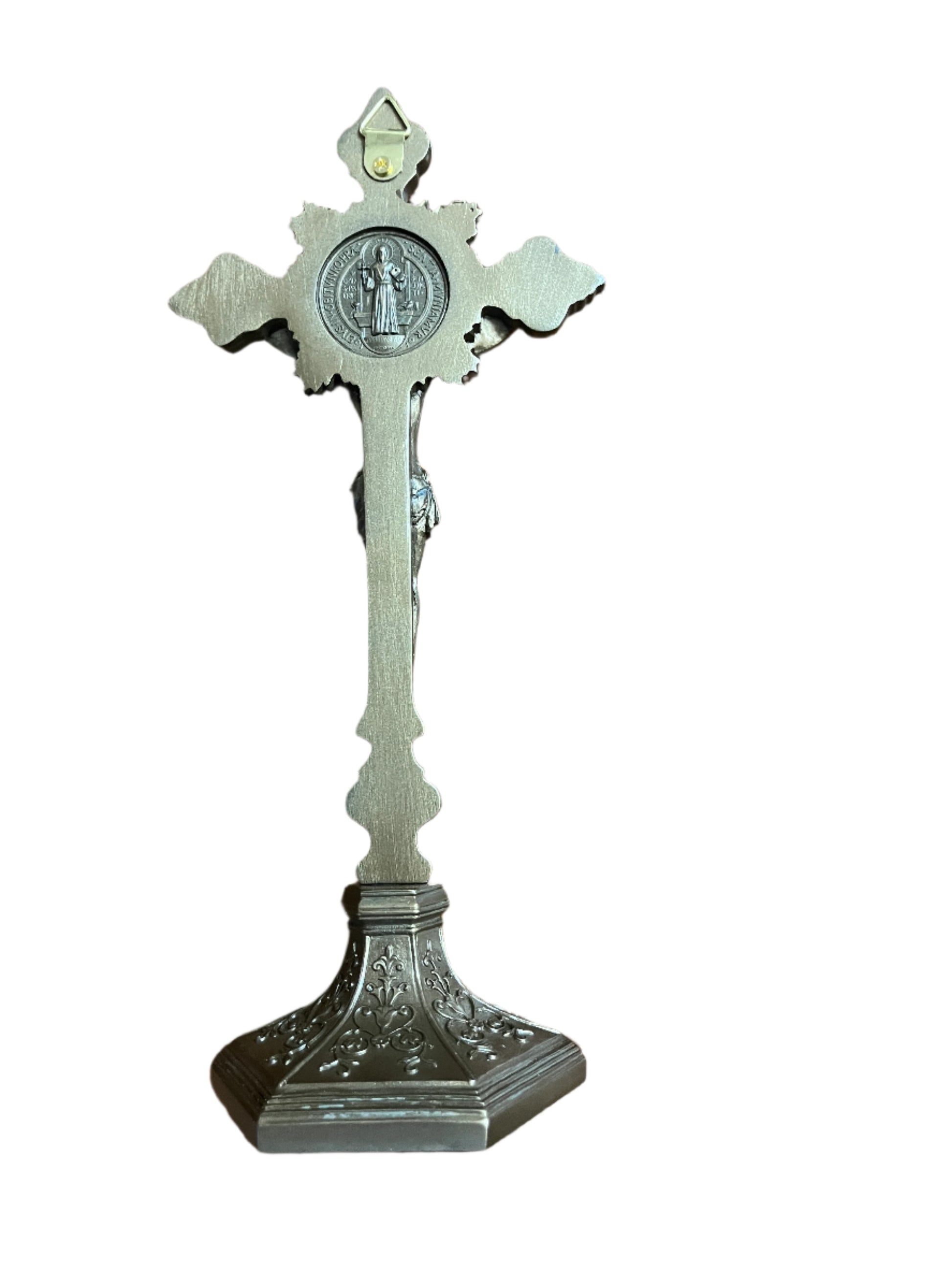 9 3/4" standing bronze crucifix with detailed cold cast finish, ornate base, and St. Benedict medallion on front