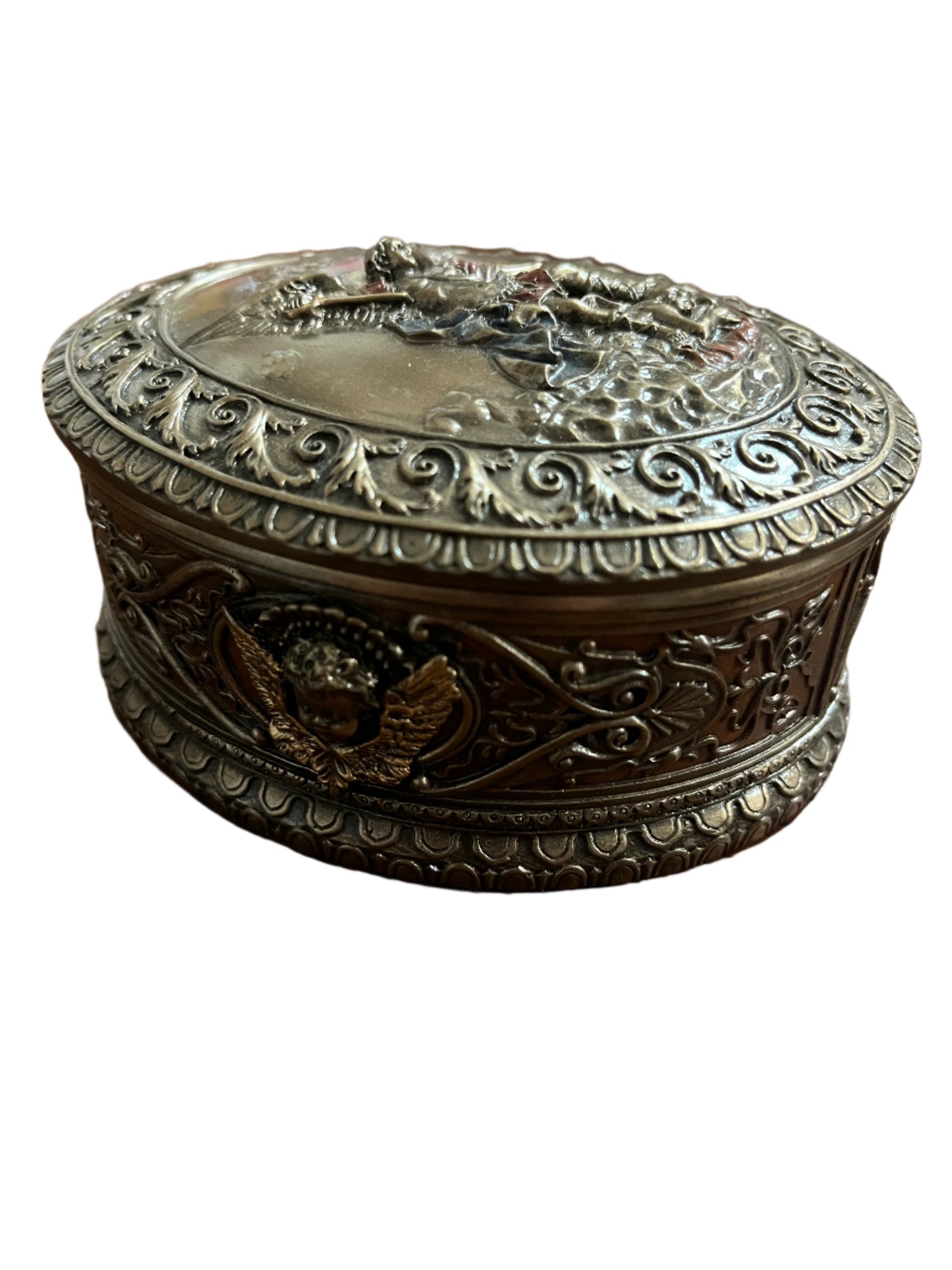 4 3/4" Saint Michael oval keepsake box in bronze-tone with detailed angel and ornate scrollwork design