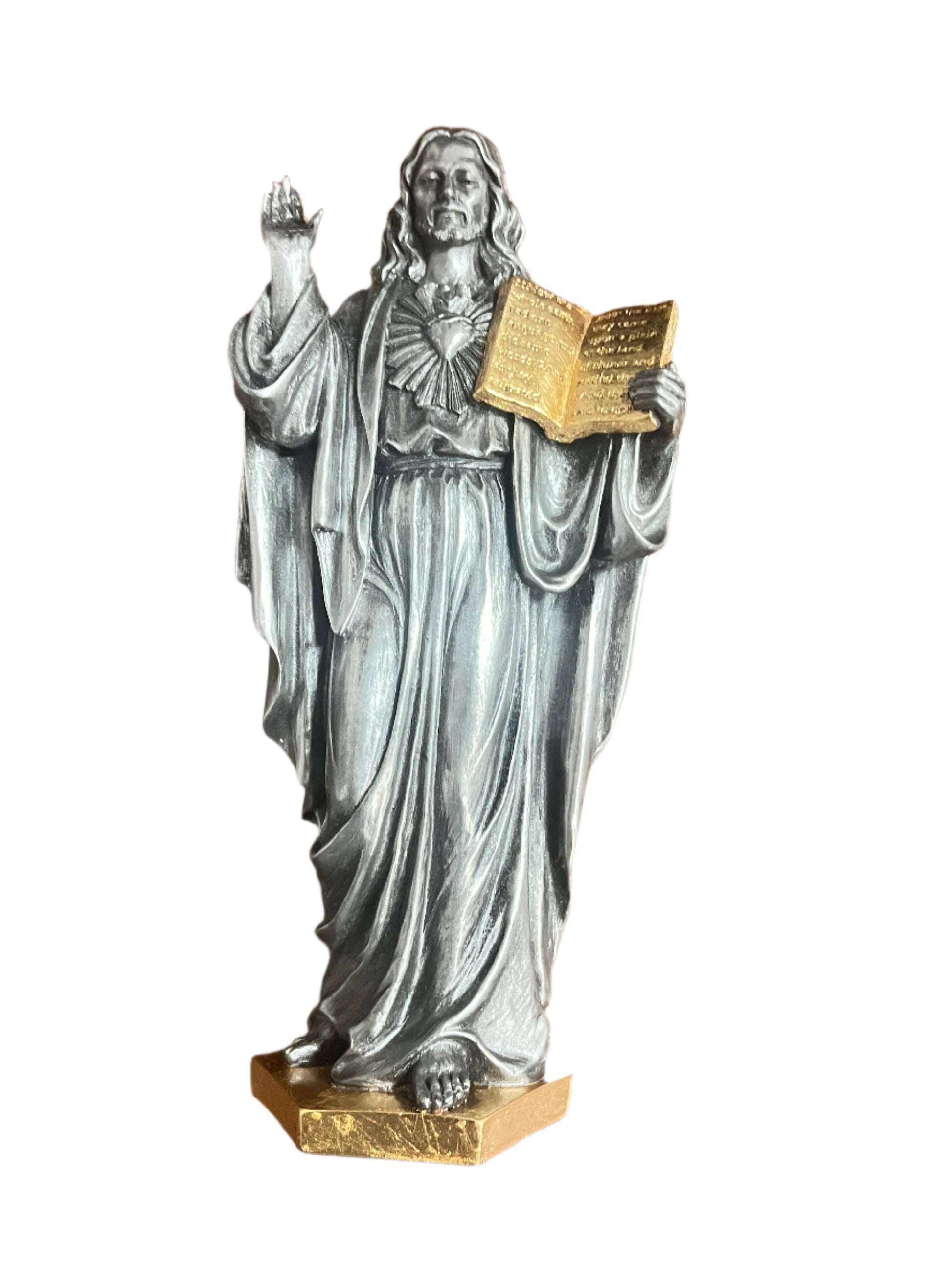 6 1/2" Sacred Heart of Jesus statue in silver with detailed gold sacred scriptures and raised blessing hand gesture