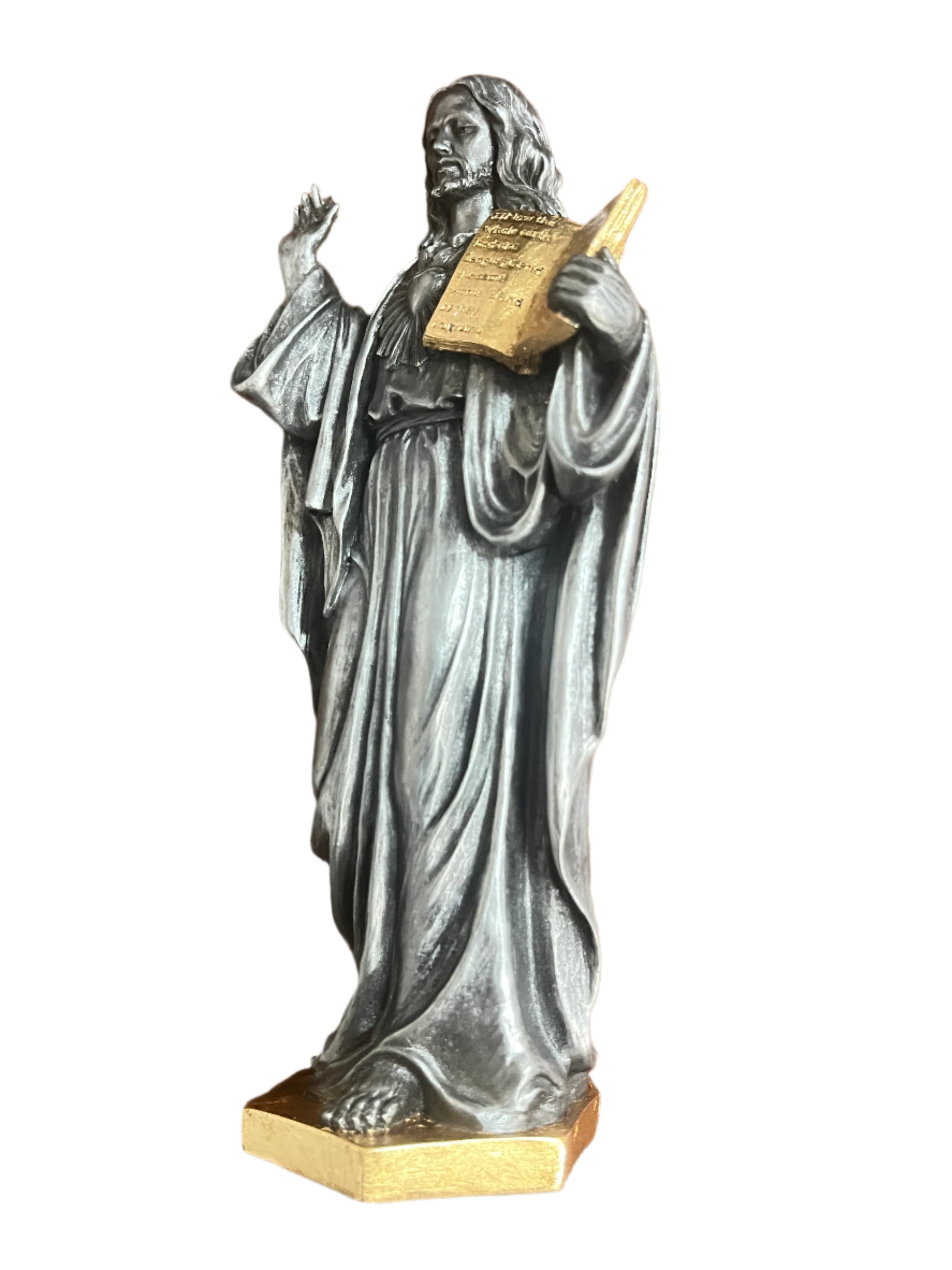 6 1/2" Sacred Heart of Jesus statue holding gold detailed sacred scriptures with silver robe and gold base accents