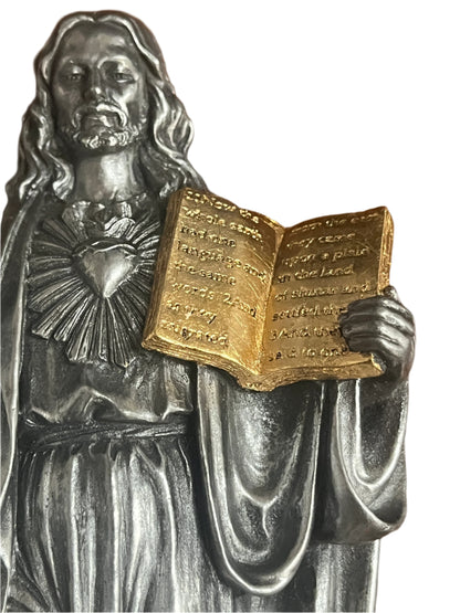 6 1/2" Sacred Heart of Jesus statue holding gold-painted sacred scriptures with silver robe and detailed heart design