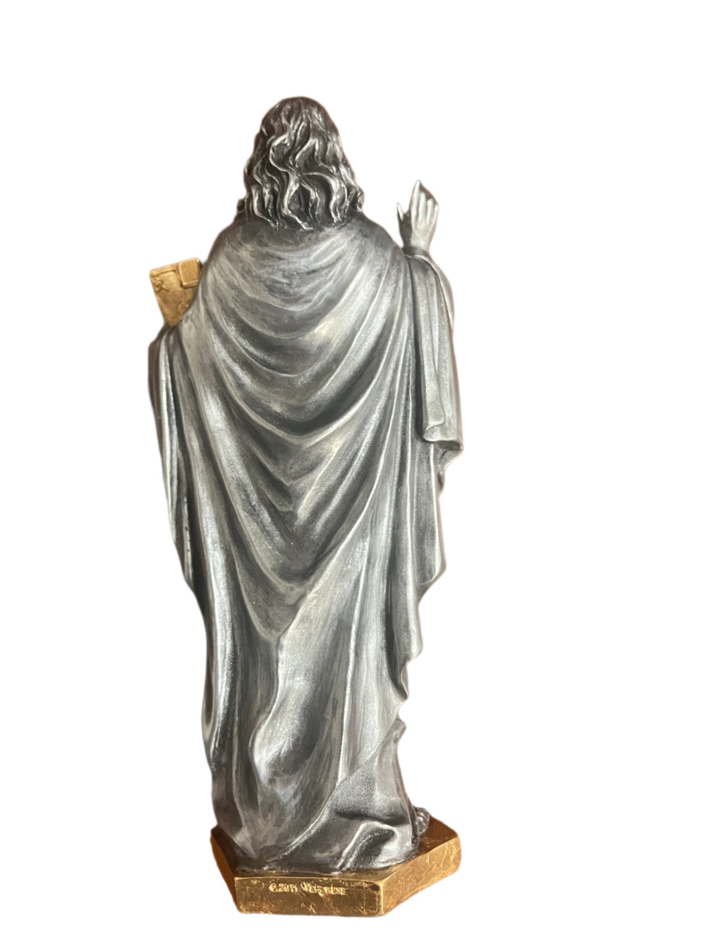 6 1/2" Sacred Heart of Jesus statue in silver finish holding gold sacred scriptures on hexagonal gold base