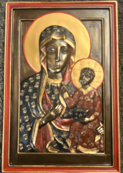 9" bronze Our Lady of Czestochowa wall plaque with detailed gold halos and red and black painted accents on stand