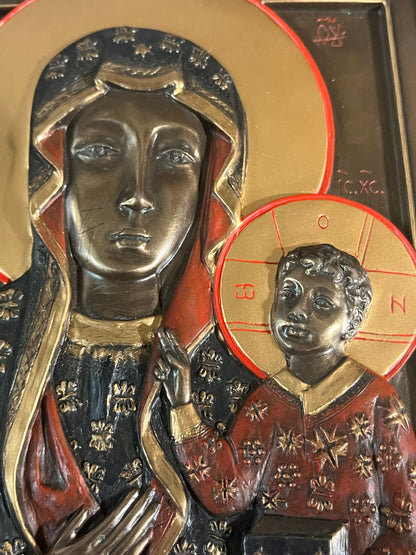 9" bronze Our Lady of Czestochowa wall plaque with stand, detailed gold and red accents on Madonna and Child faces