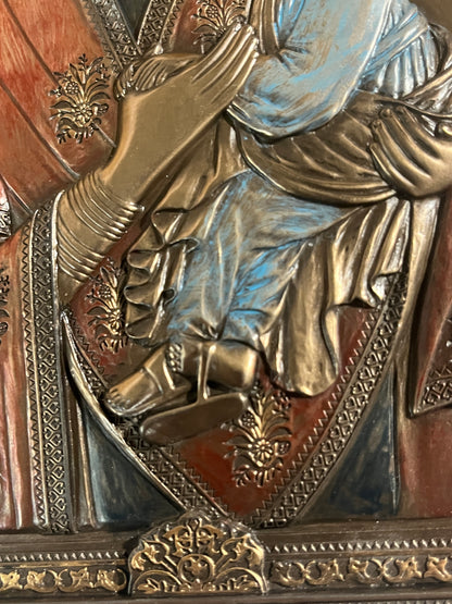 9" Our Lady Of Perpetual Help wall plaque in cold cast with detailed gold and blue accents on ornate background