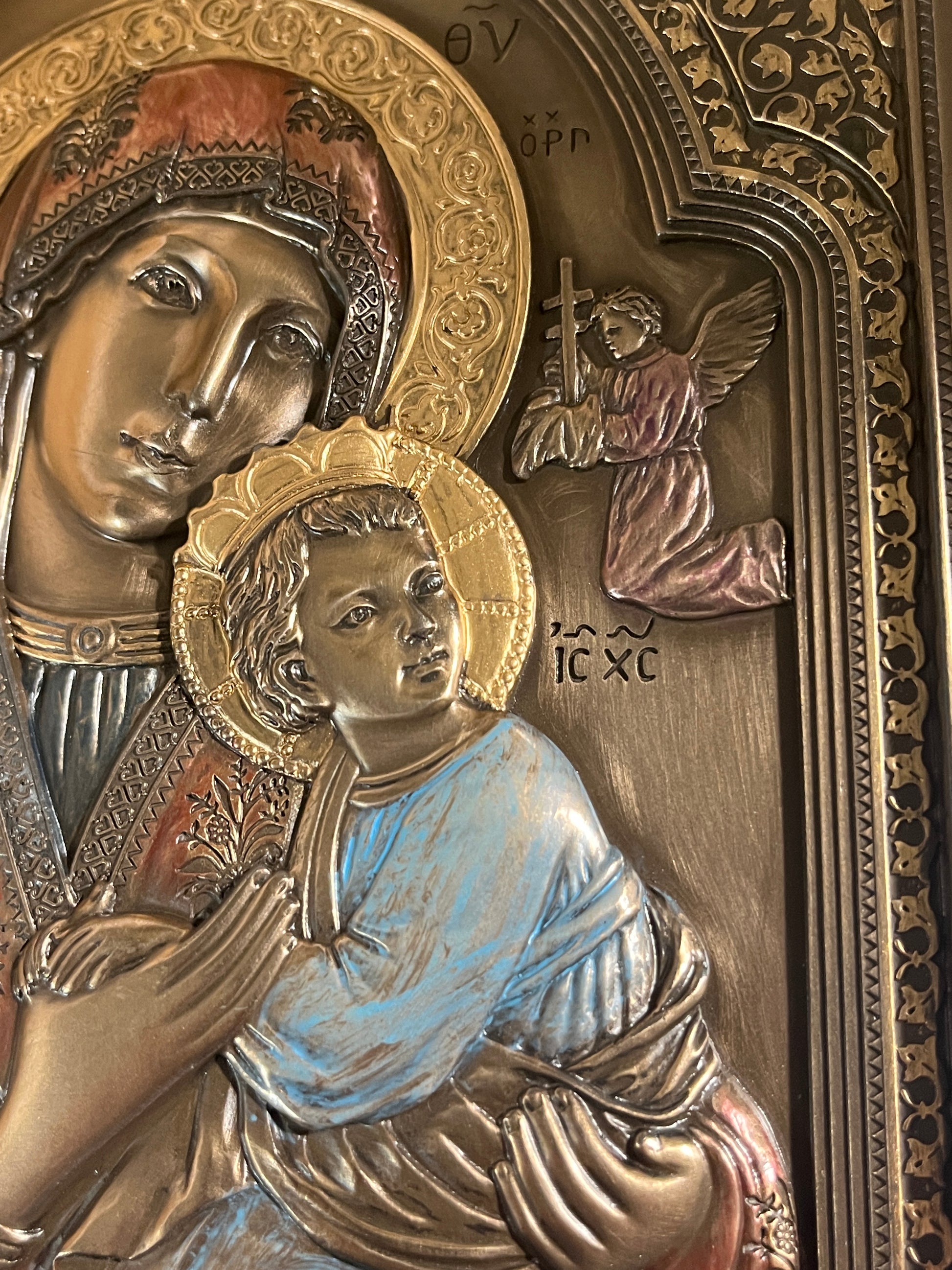 9" Our Lady of Perpetual Help wall plaque with detailed gold and bronze cold cast finish and religious iconography