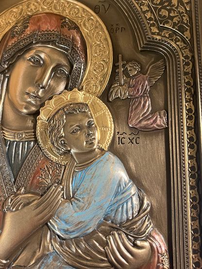 9" Our Lady of Perpetual Help wall plaque with detailed gold and bronze cold cast finish and religious iconography