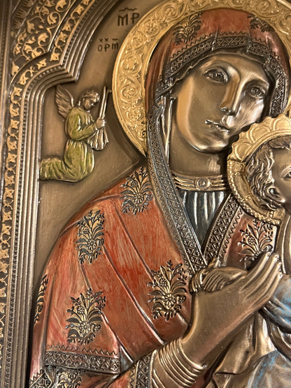 9" Our Lady Of Perpetual Help wall plaque with detailed cold cast design, gold and red accents, and angel figure on ornate frame