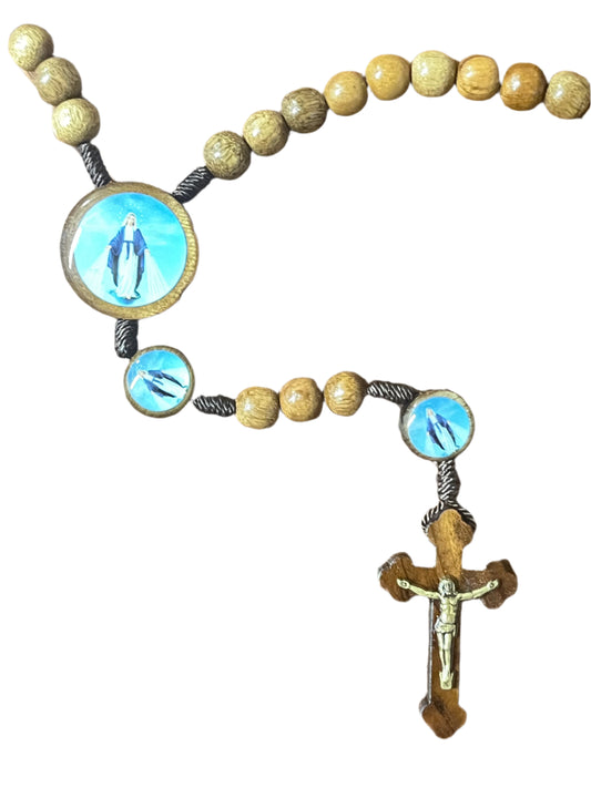 Brazilian wood rosary with Our Lady Grace centerpiece, detailed blue medal accents, and crucifix pendant on black cord