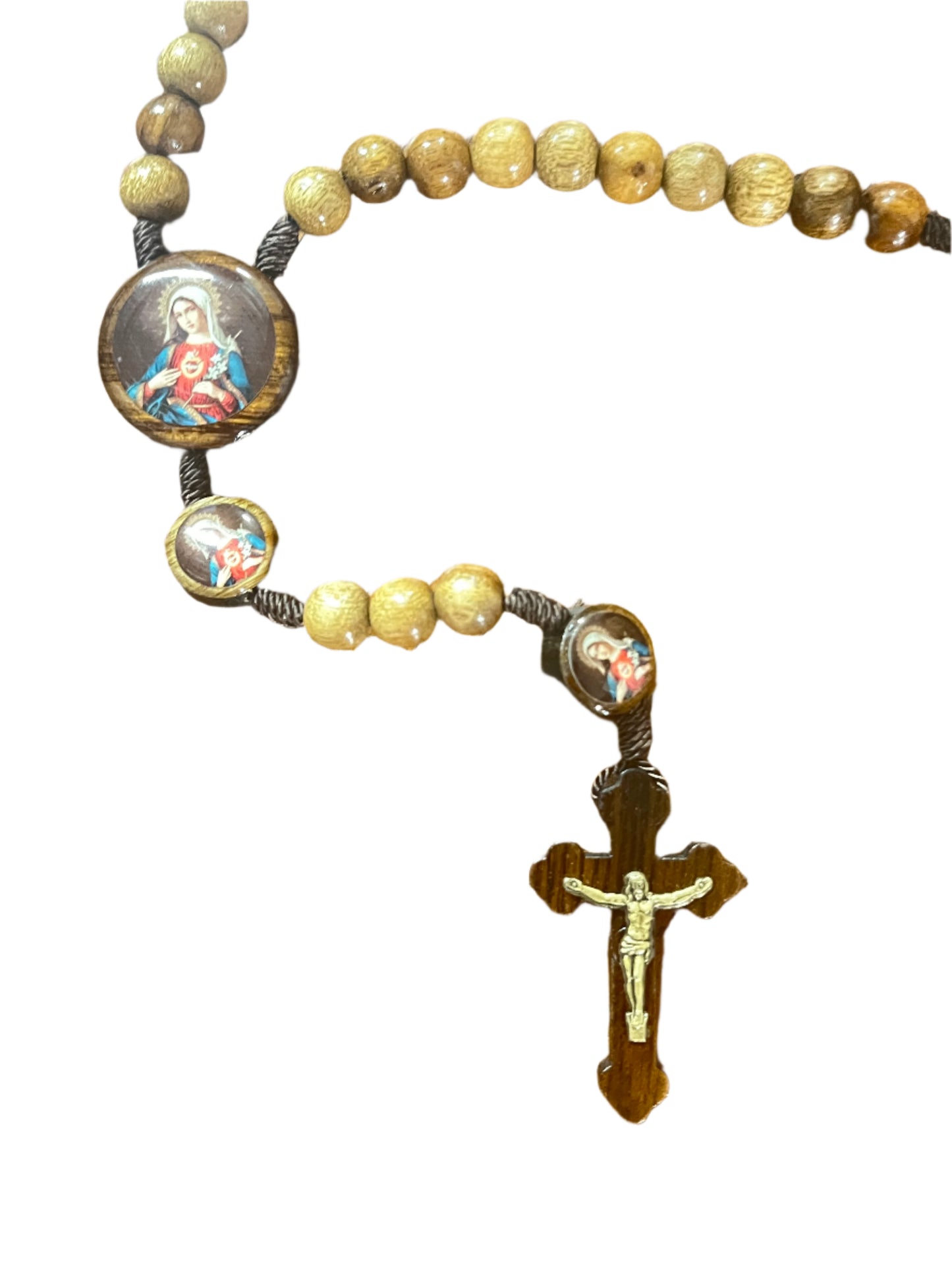 Brown Brazilian wood rosary with Immaculate Heart of Mary centerpiece and detailed crucifix pendant on dark cord
