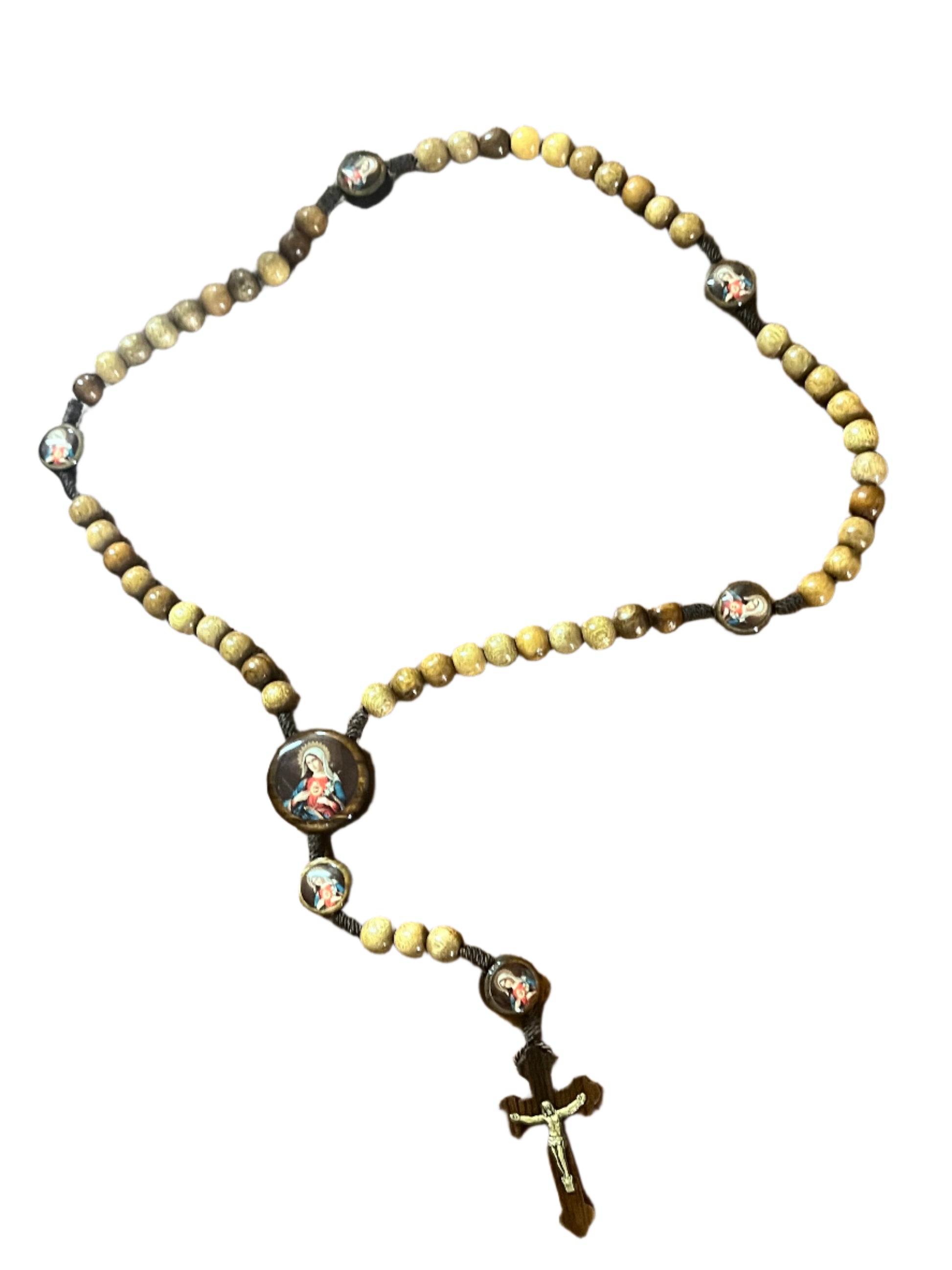 Immaculate Heart of Mary Brazilian wood rosary with round painted centerpieces and dark wood crucifix pendant