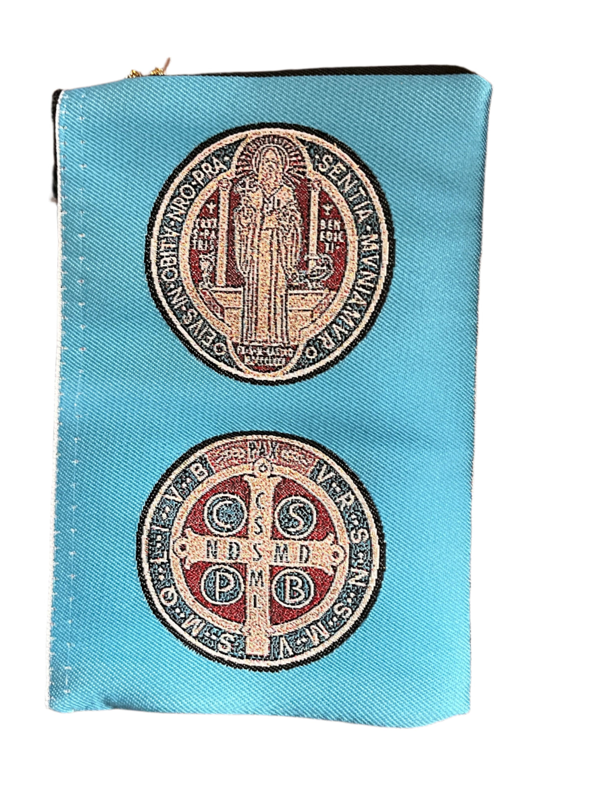 4" x 6" zippered woven rosary pouch in sky blue with detailed Saint Benedict medal tapestry design on front