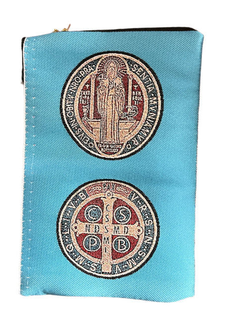 4" x 6" zippered woven rosary pouch in sky blue with detailed Saint Benedict medal tapestry design on front