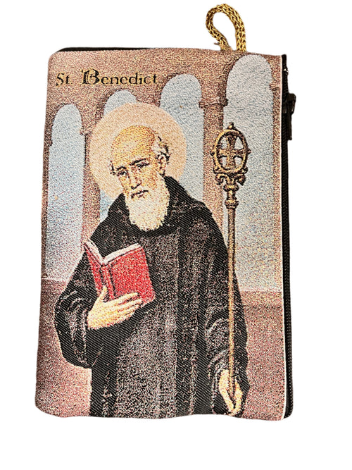 4" x 6" zippered Saint Benedict woven tapestry rosary pouch with detailed saint holding red book and staff design