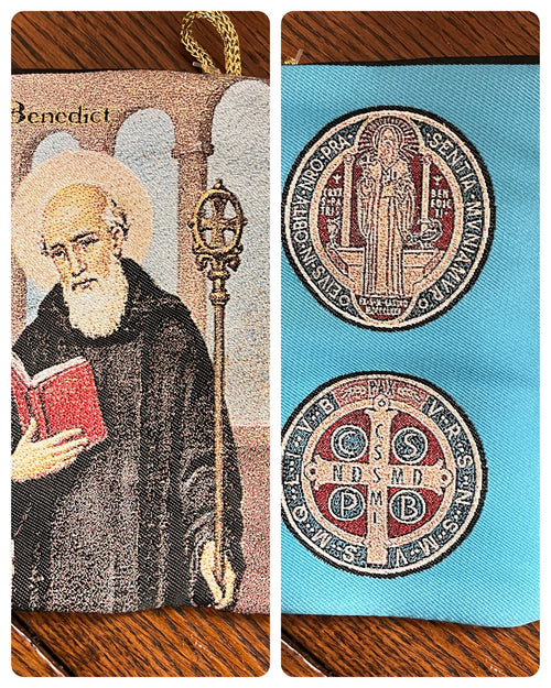 4" x 6" zippered Saint Benedict woven tapestry rosary pouch with detailed saint image and medal designs on blue back panel