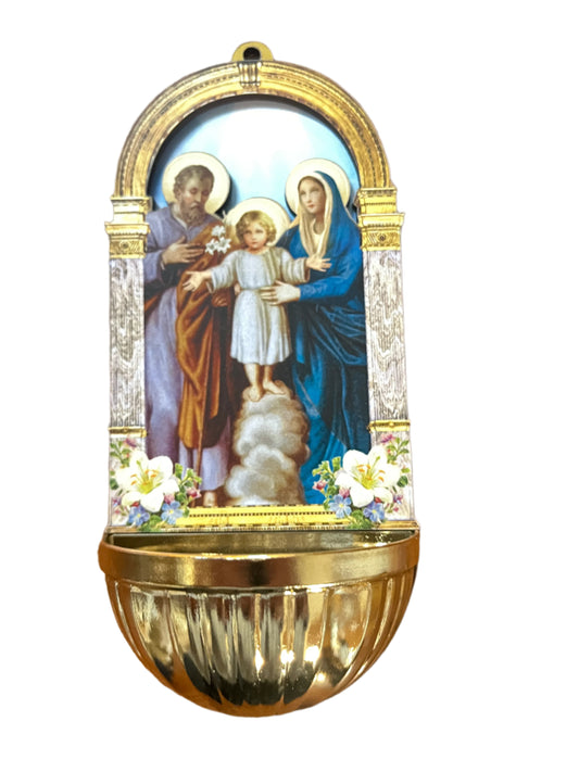 6" Holy Family 3D Italian holy water font with gold-tone basin, detailed arch frame, and floral accents