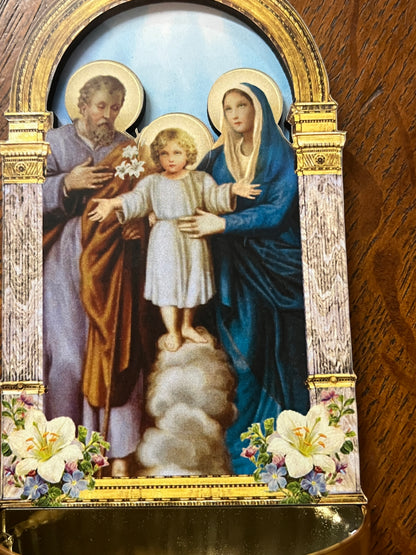 6" Holy Family 3D holy water font with Joseph, Mary, and child Jesus in detailed arch frame and floral accents