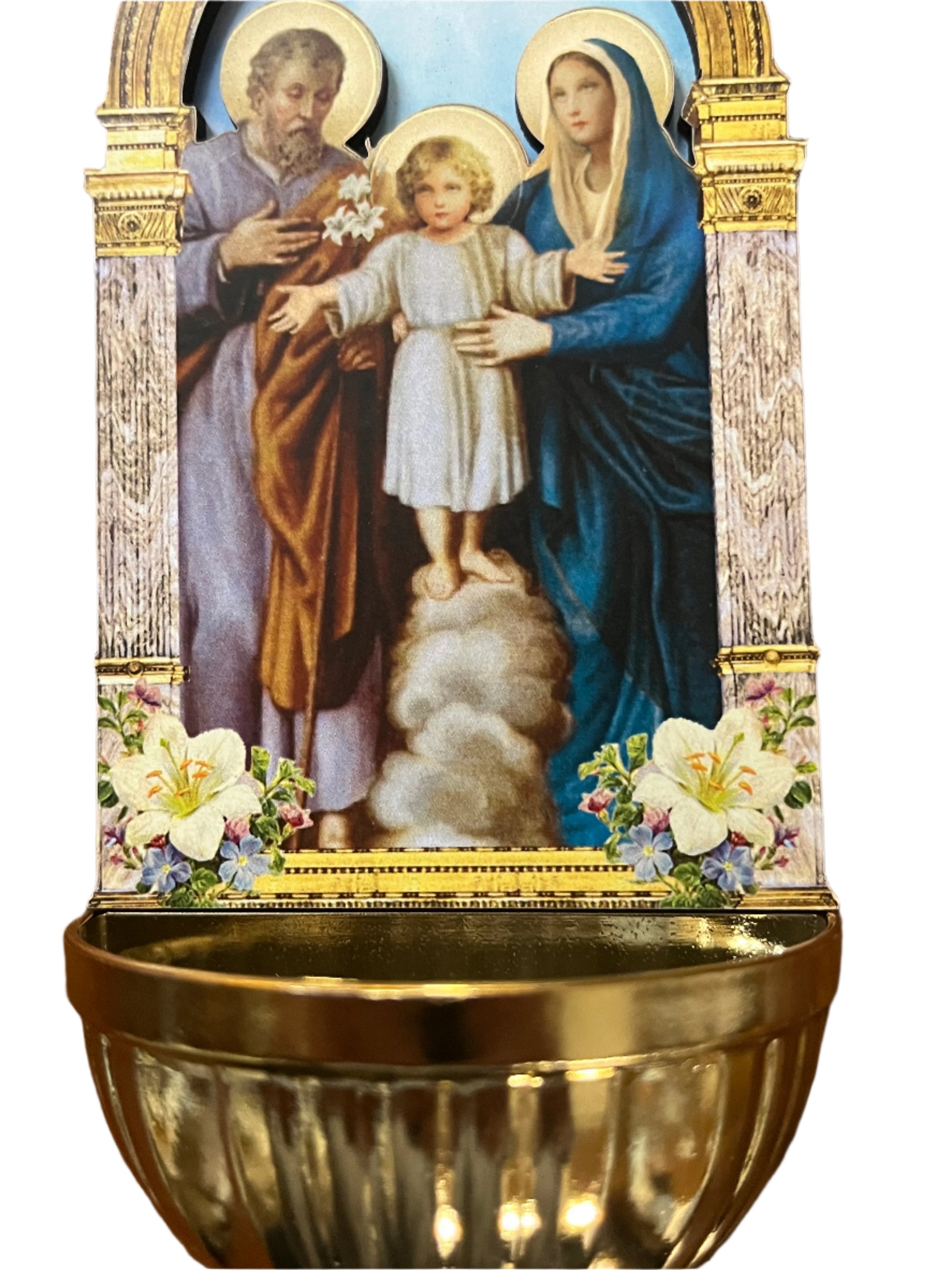 6" Holy Family 3D holy water font with gold basin and floral accents on decorative arch background