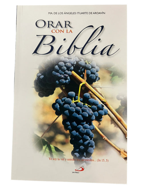 Book cover of "Orar con la Biblia" by Ma de los Ángeles Ituarte de Ardavín with grapes on the vine illustration