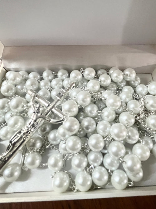 White 12MM faux pearl rosary with silver-tone crucifix and Madonna and child centerpiece in display box