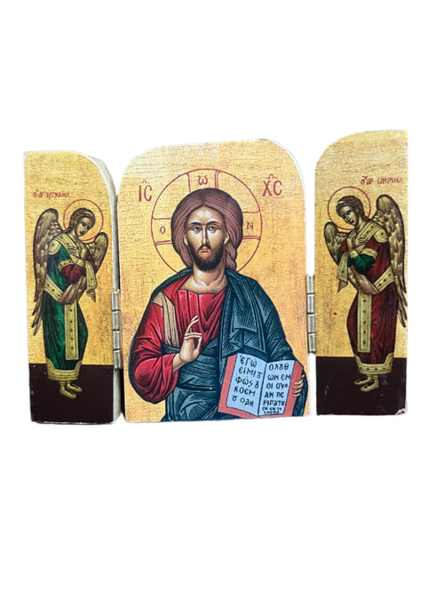 3" Christ The Teacher Greek icon triptych on wood showing Jesus and two angels with gold accents