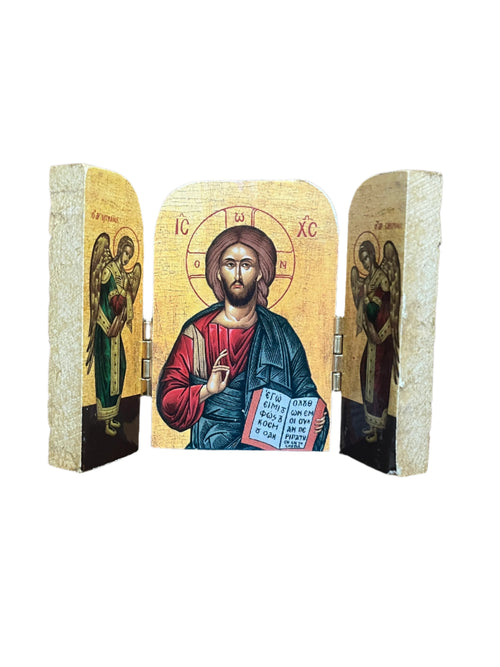 3" Greek icon triptych of Christ the Teacher with gold background and angels on hinged wood panels