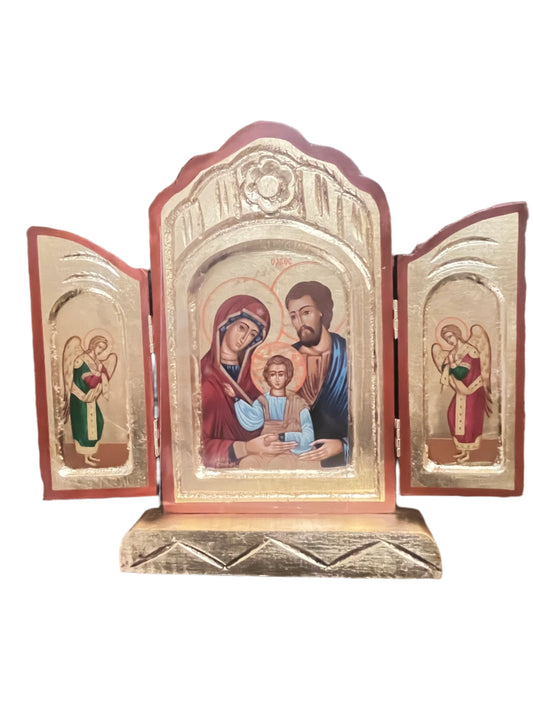 9" Holy Family Greek icon triptych with Mary, Joseph, and Jesus center panel, flanked by angels on gold background