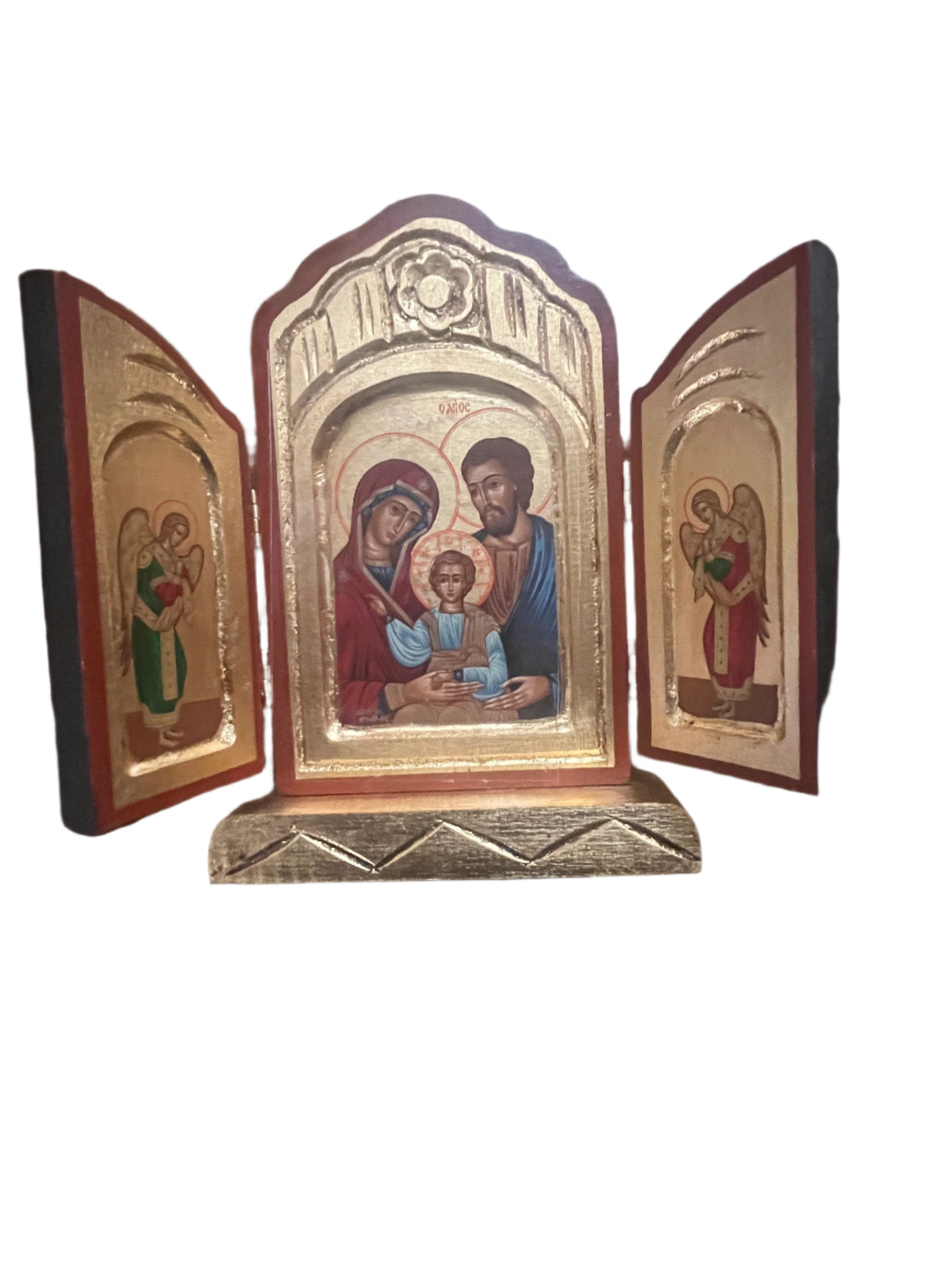 9" Greek Icon Triptych of the Holy Family with gold leaf background and painted angel figures on side panels