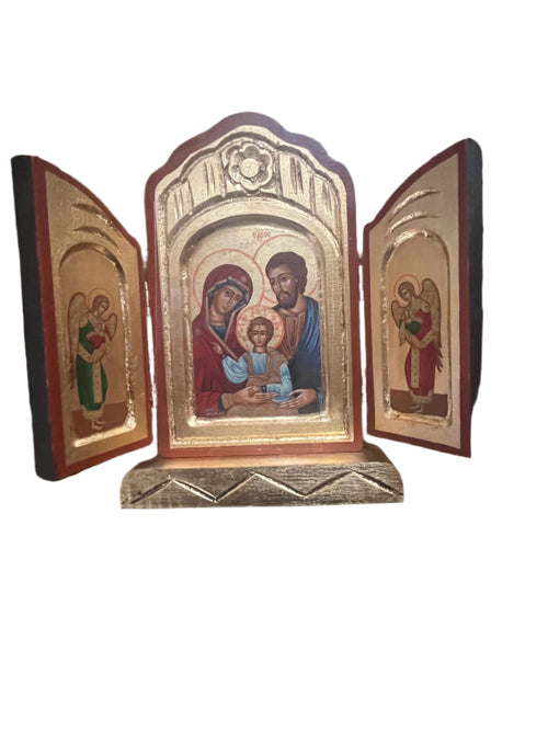 9" Greek Icon Triptych of the Holy Family with gold leaf background and painted angel figures on side panels