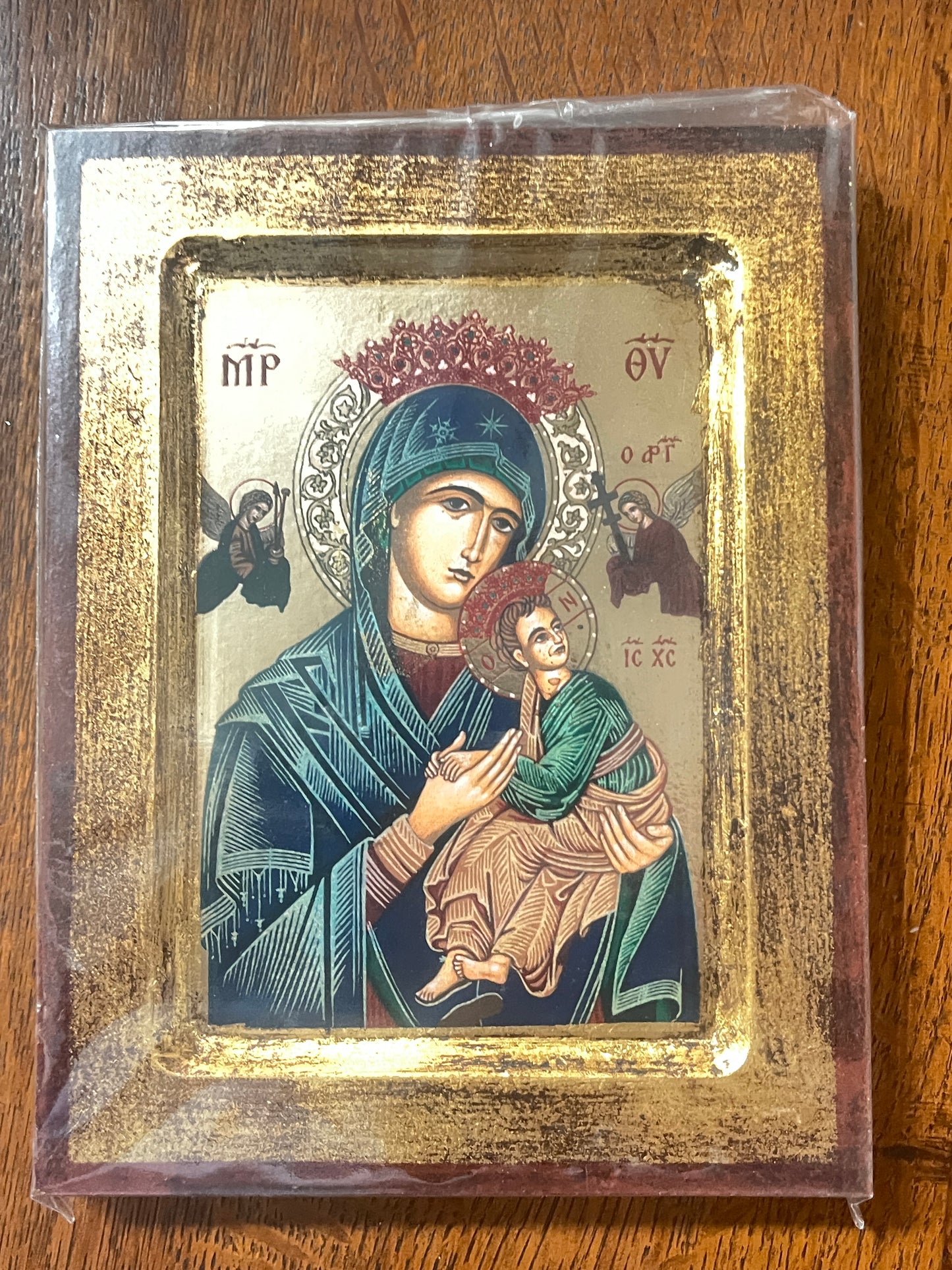 9" x 7" Our Lady of Perpetual Help icon with Mary holding Jesus, gold-leaf frame and archangels with instruments of Passion