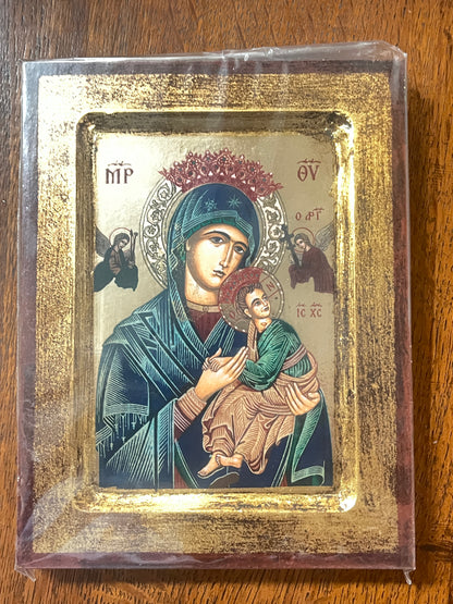 9" x 7" Our Lady of Perpetual Help icon with Mary holding Jesus, gold-leaf frame and archangels with instruments of Passion