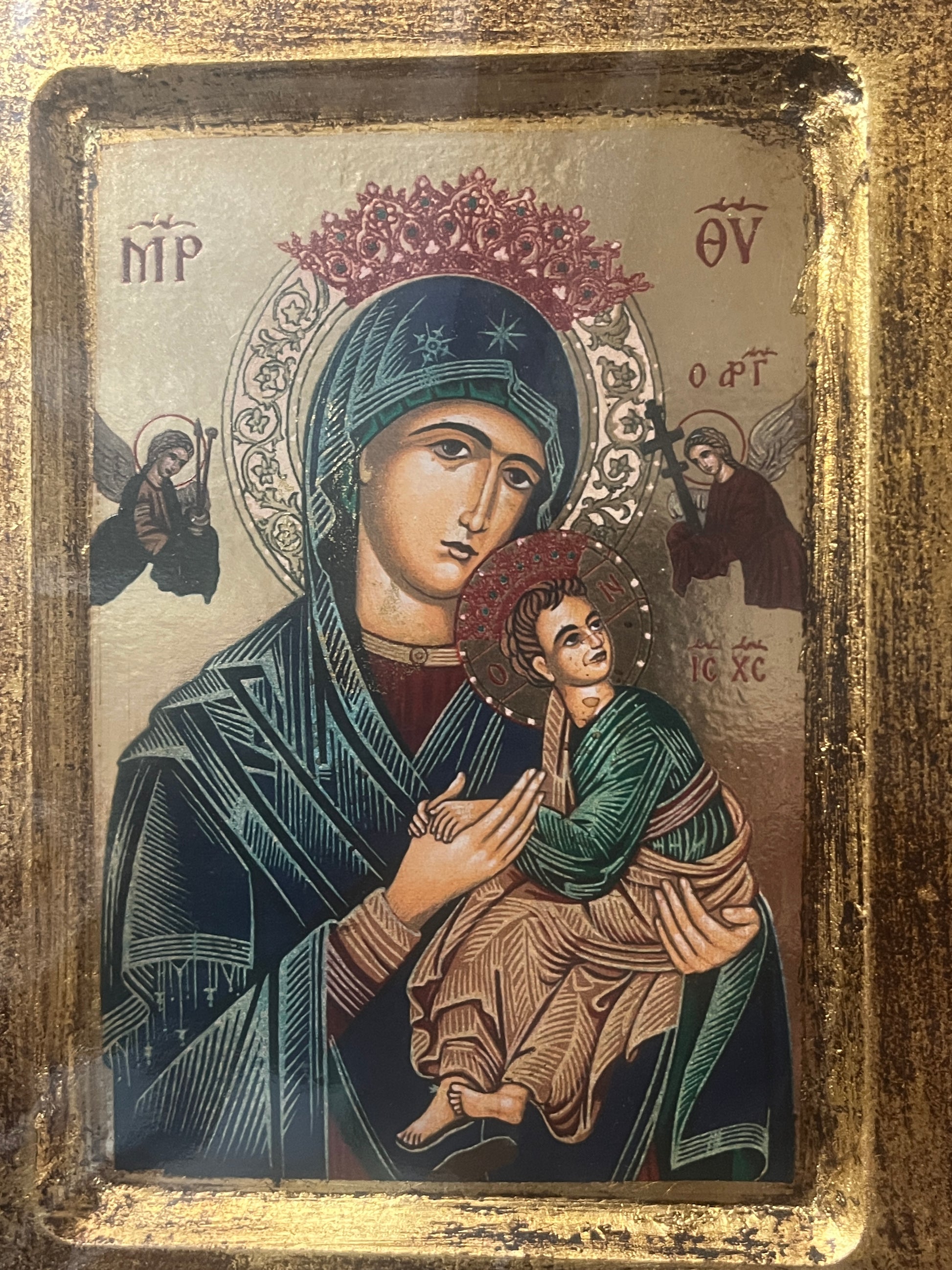 9" x 7" Our Lady of Perpetual Help icon plaque showing Virgin Mary with Child Jesus and archangels on gold background