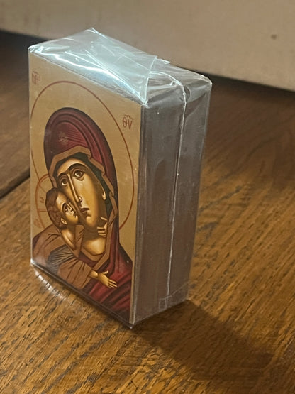 3 1/2" Greek hand painted Serigraph icon of the Red Madonna holding Child wrapped in protective plastic on wood surface