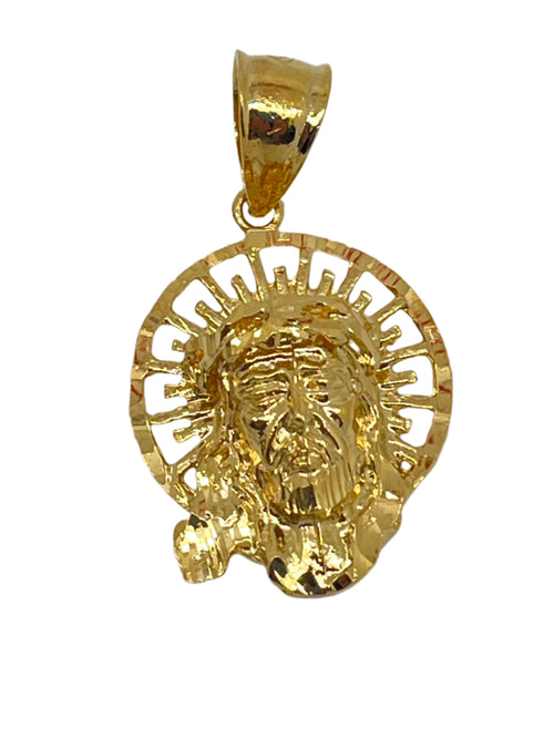 1 1/4" gold plated bronze pendant depicting the holy face of Jesus with crown of thorns and radiant halo