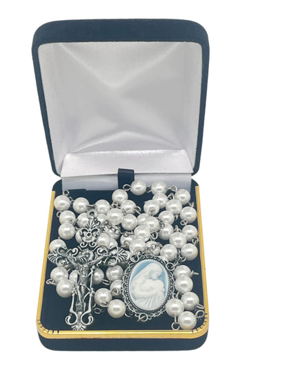 Rosary with 7mm faux pearl beads, ornate silver crucifix and 1" cameo centerpiece of Mary kissing Baby Jesus in blue velvet box